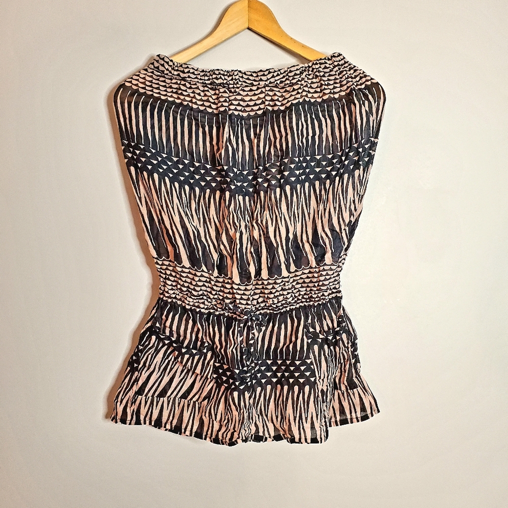 Topshop Black and Cream Patterned Blouse S/M Tube Elastic Drawstring Pockets
